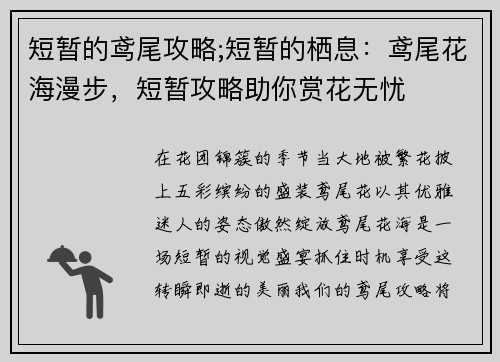 短暂的鸢尾攻略;短暂的栖息:鸢尾花海漫步,短暂攻略助你赏花无忧