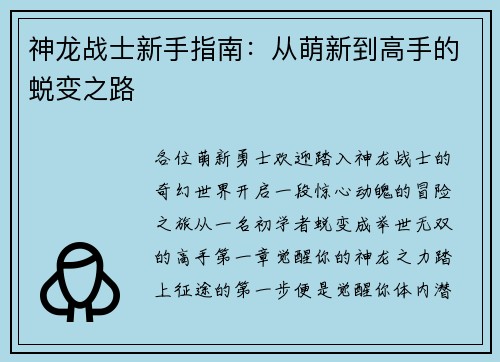 神龙战士新手指南：从萌新到高手的蜕变之路