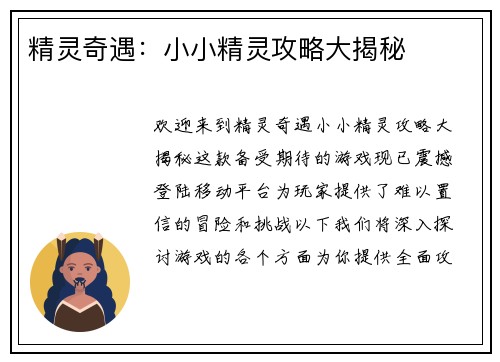 精灵奇遇：小小精灵攻略大揭秘