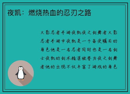 夜凯:燃烧热血的忍刃之路