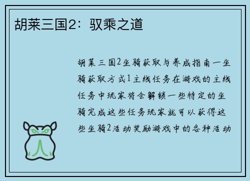 胡莱三国2:驭乘之道